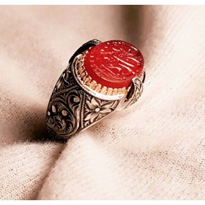 Osmanlı Antik  Kırmızı Mühür Taşı Nurullah Daştan Özel Tasarım Kalemişi Gümüş Yüzük