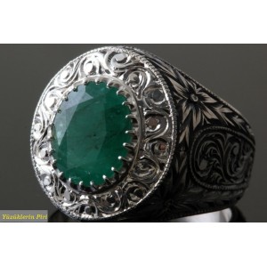 Nurullah Daştan Usta - Orjinal Zürmrüt Taşlı Özel Kalem işi Gümüş Yüzük 