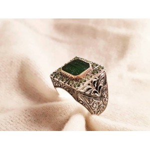 Nurullah Daştan Usta Green Agate Stone Özel Kalem işi Gümüş Yüzük