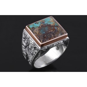 Nurullah Daştan Usta Nişabur Firuze  Taşlı Kalem İşi Gümüş Yüzük