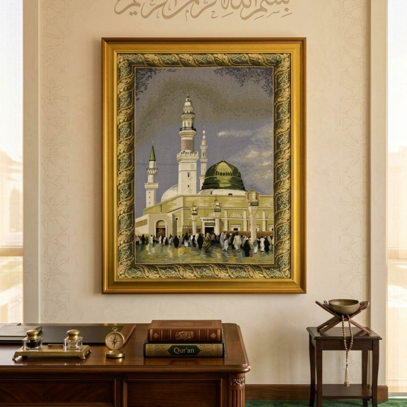 Gold Çerçeveli Mescidi Nebevi - Goblen Tablo 80*100